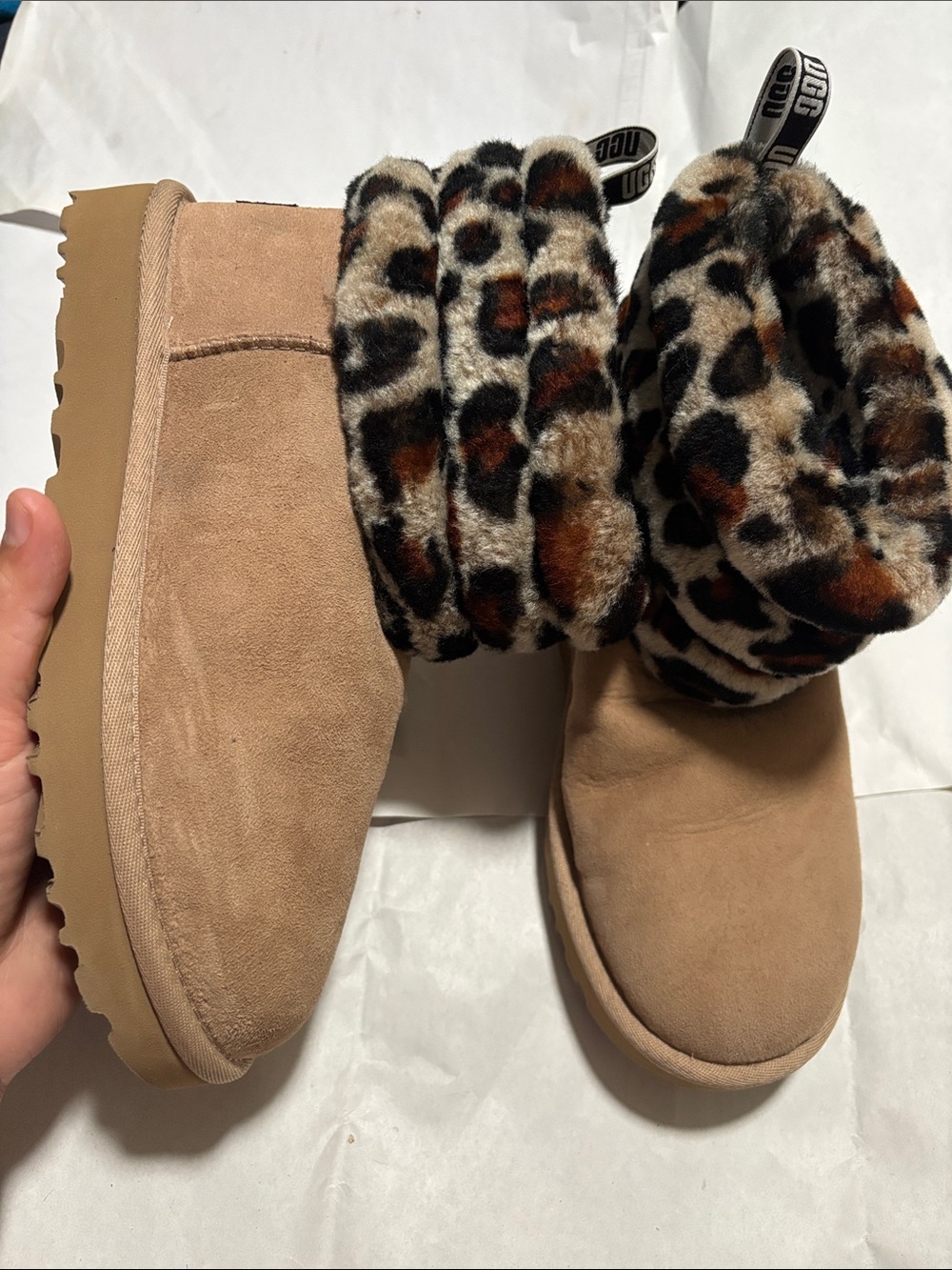 UGG Tan Suede Ankle Boots with Leopard Faux-Fur Cuff